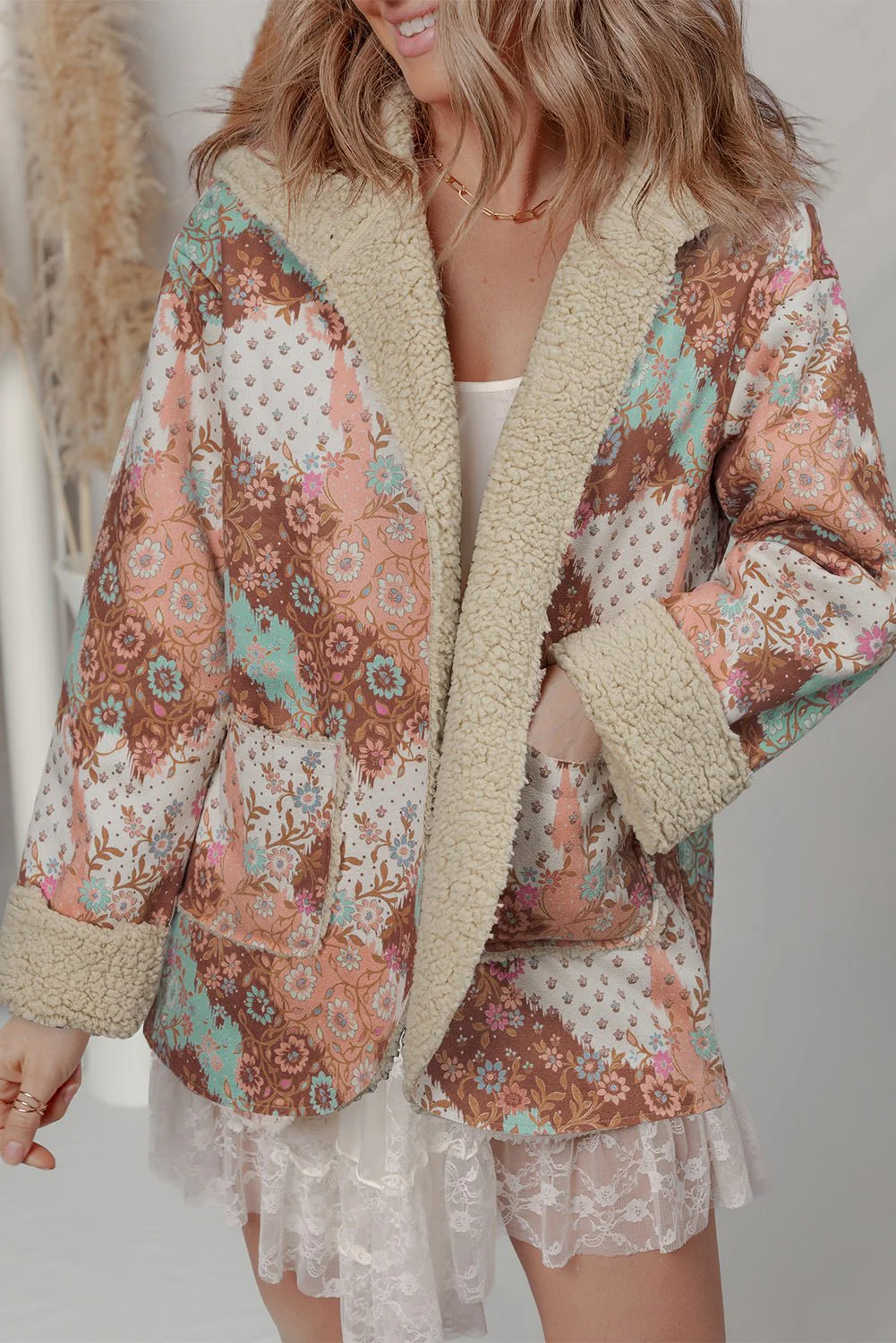 Floral Sherpa Open Front Jacket - Image 27