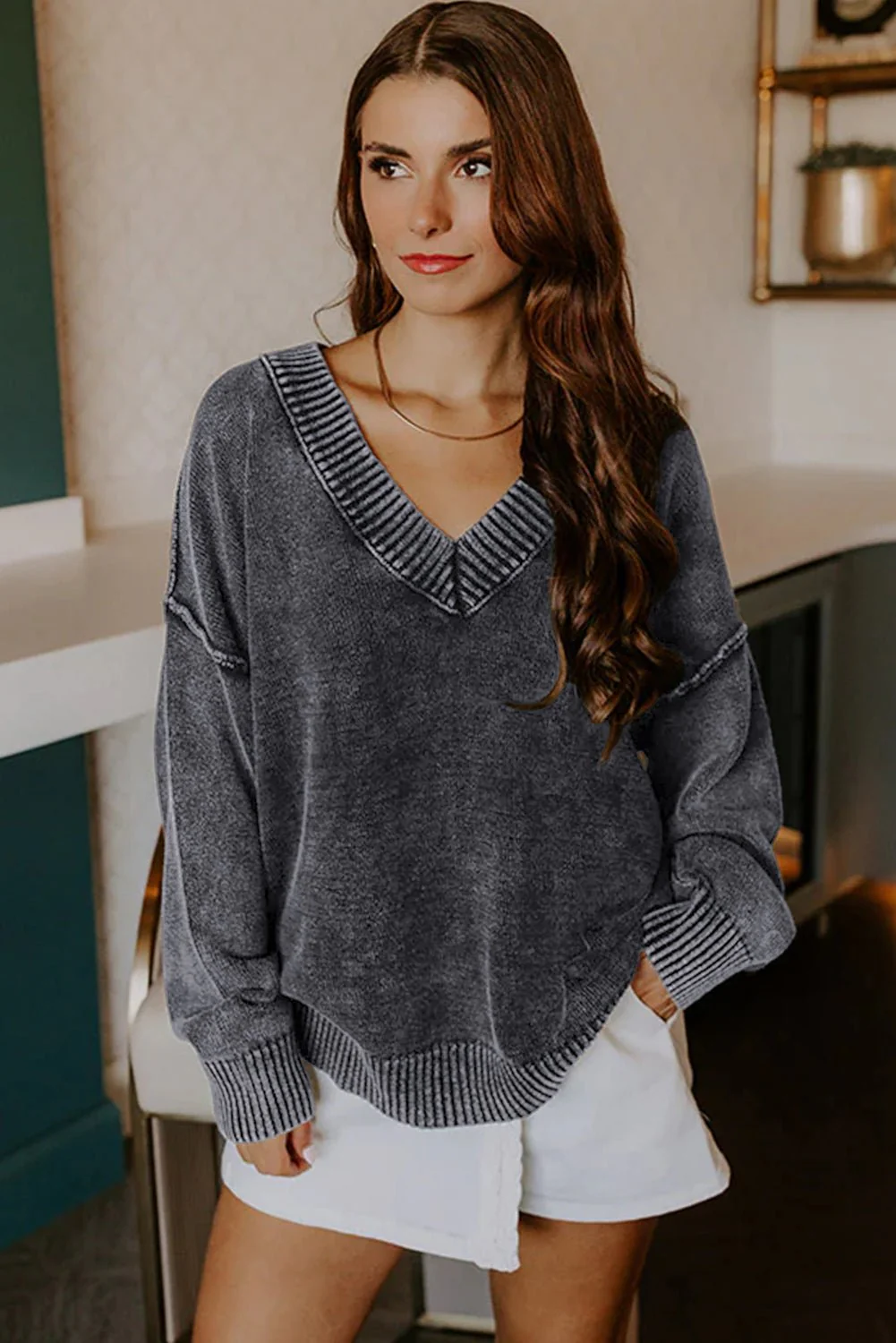 Mineral Washed V-Neck Sweater - Image 4