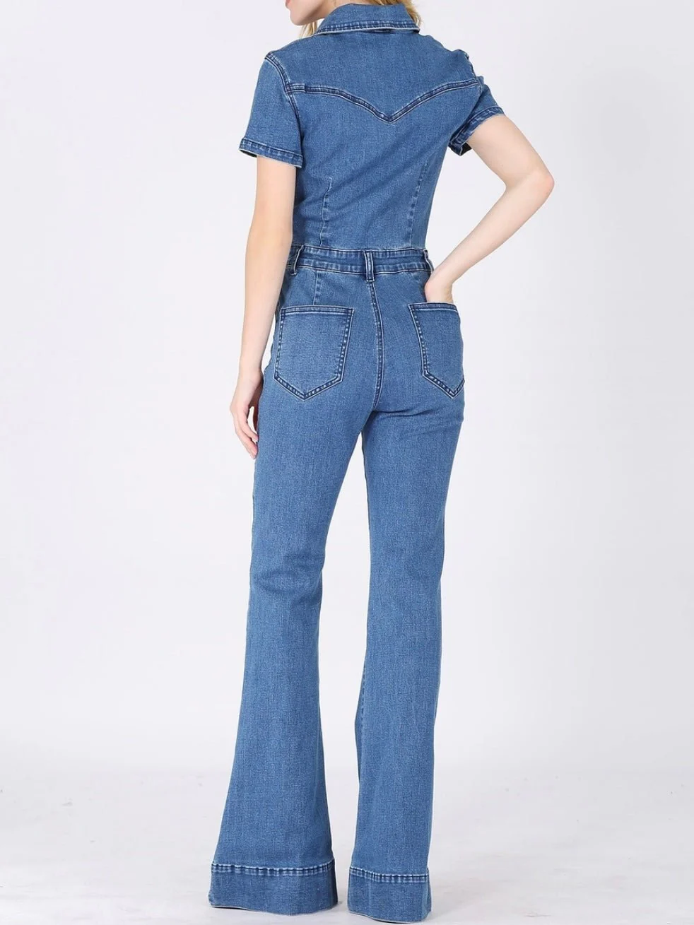 Denim Bell Bottom Jumpsuit - Image 3