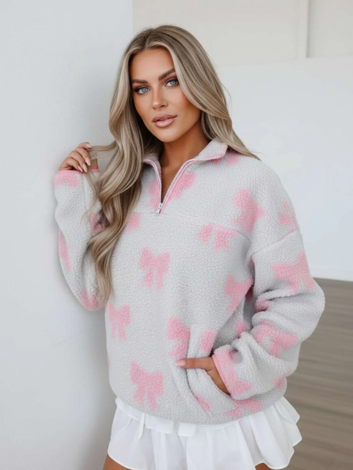 Blush Bow Sherpa Quarter Zip - Image 4