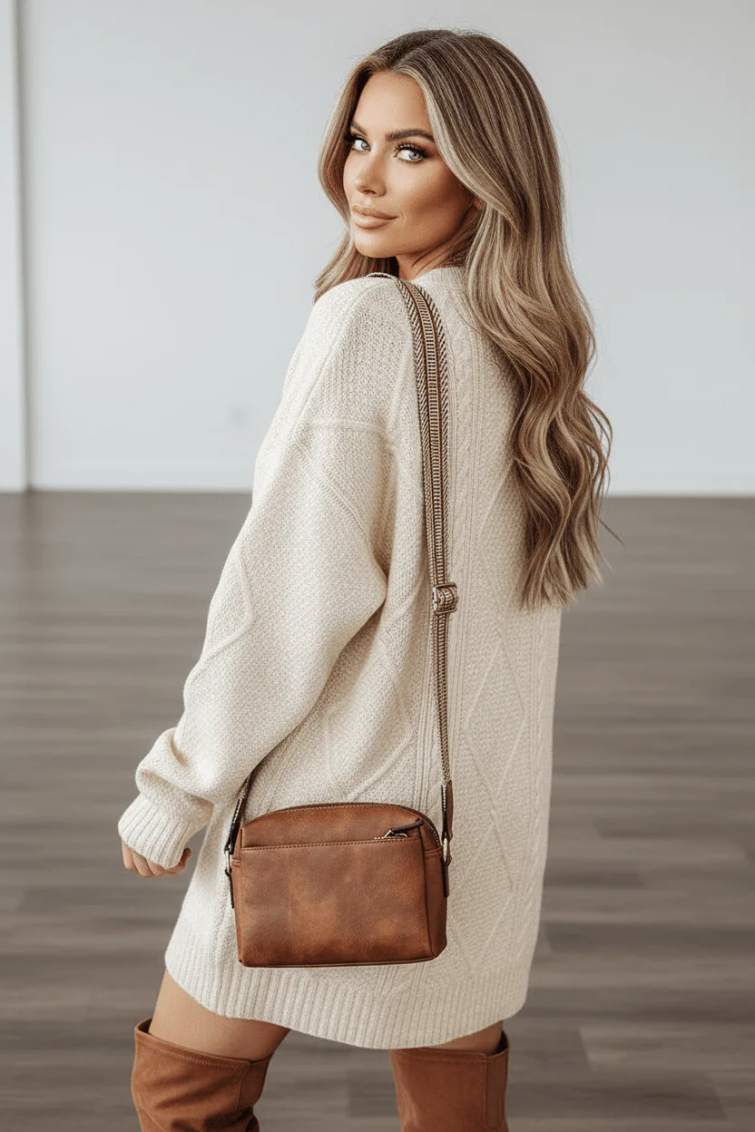 Candace Cable Knit Oatmeal Dress - Image 10