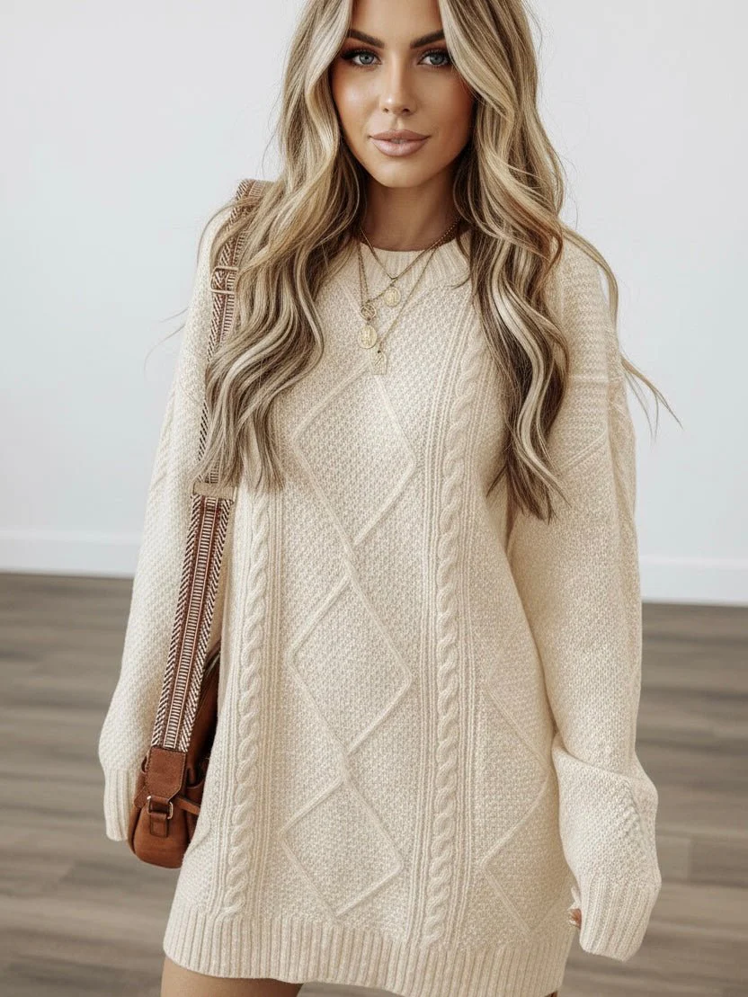 Candace Cable Knit Oatmeal Dress - Image 3