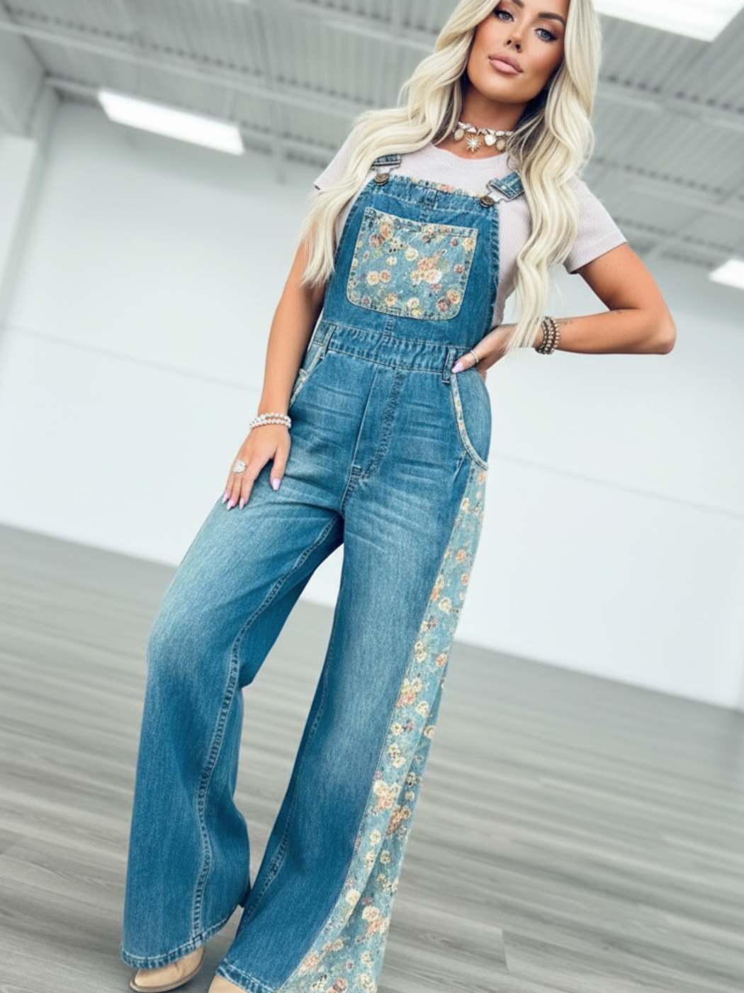 Peacock Bloom Patch Denim Overalls - Image 4