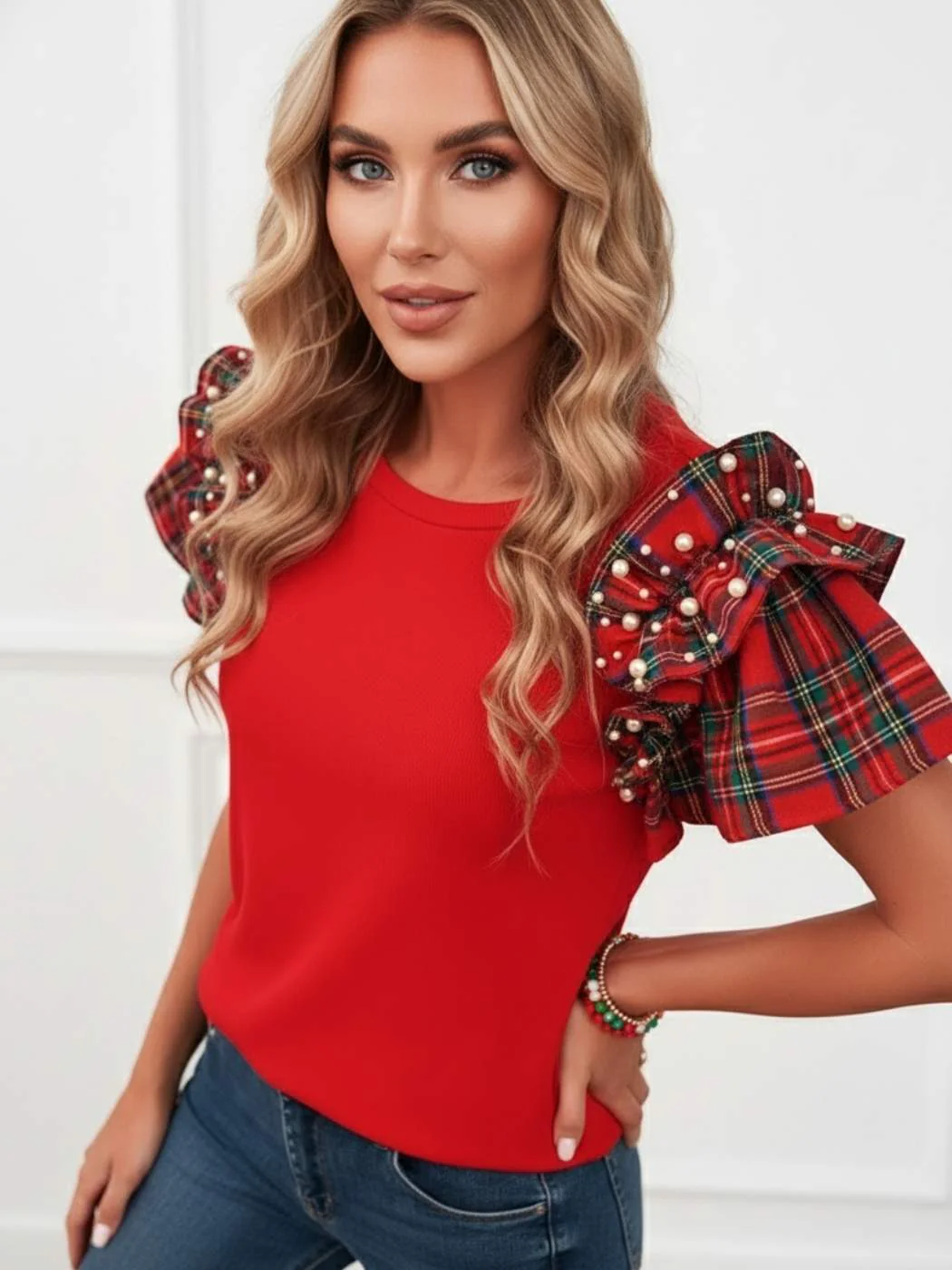 Plaid Pearl Ruffle Top - Image 3