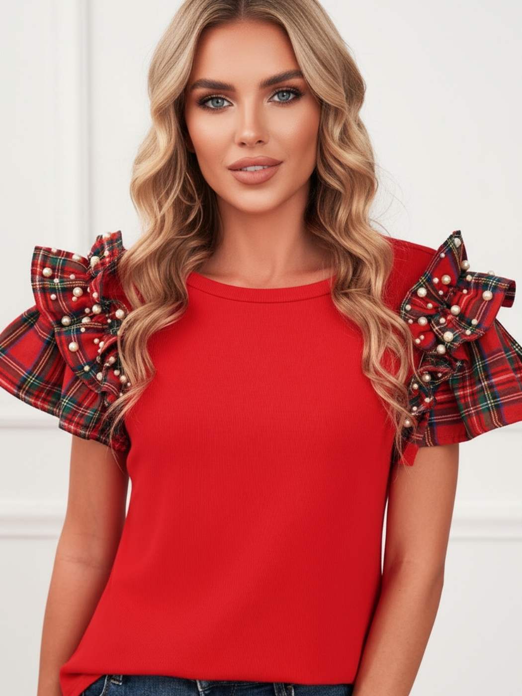 Plaid Pearl Ruffle Top - Image 4