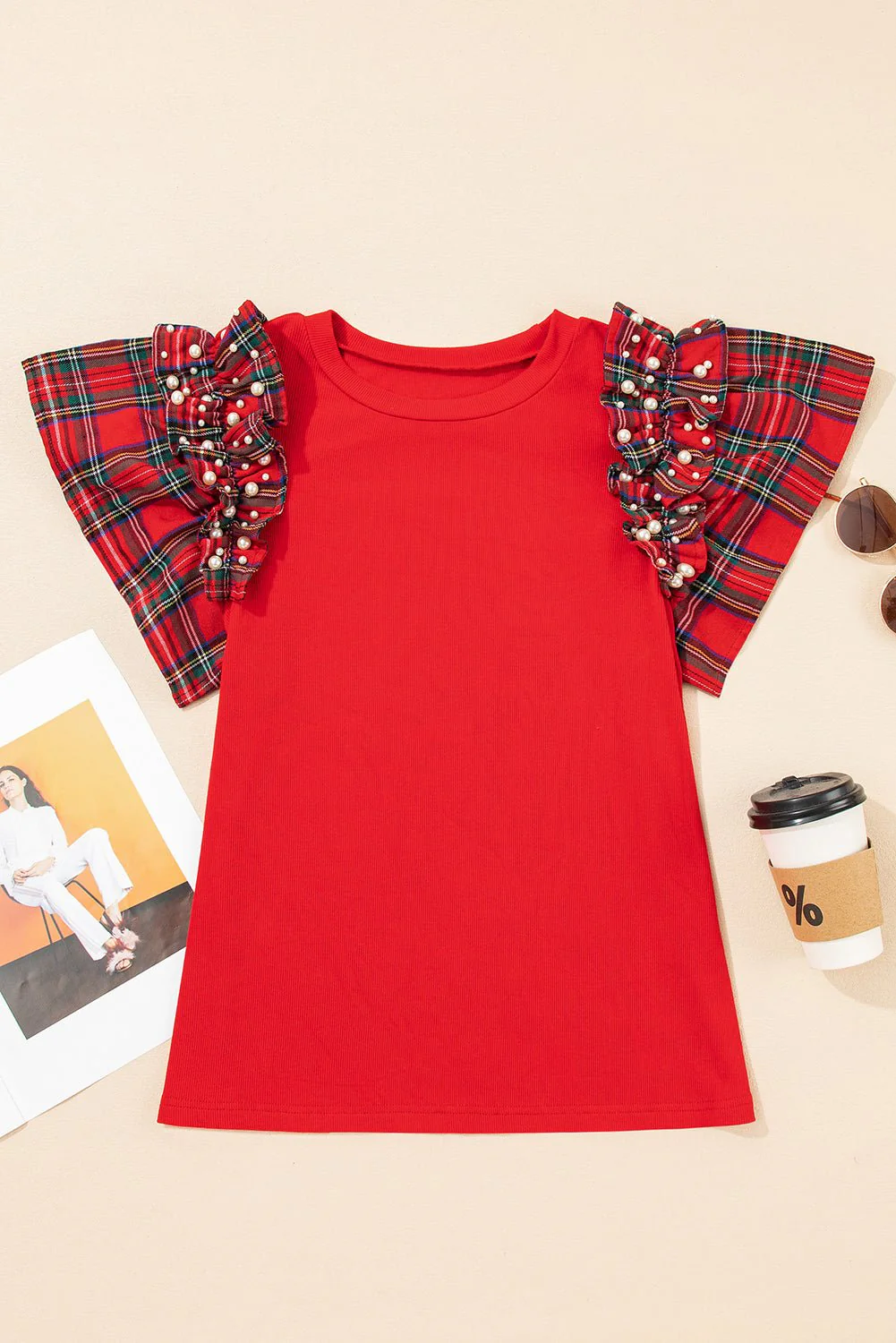 Plaid Pearl Ruffle Top - Image 5