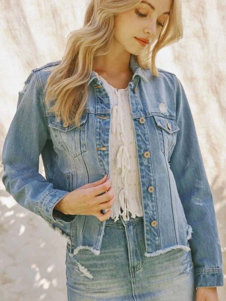 Raw Hem Blue Jean Jacket - Image 3