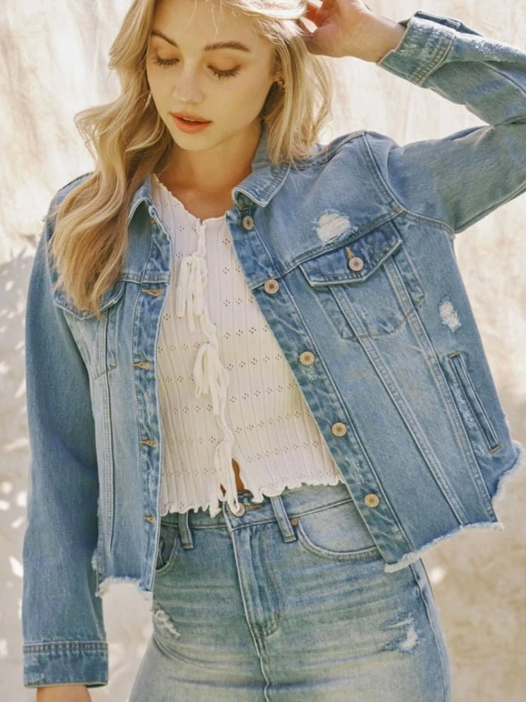 Raw Hem Blue Jean Jacket - Image 8